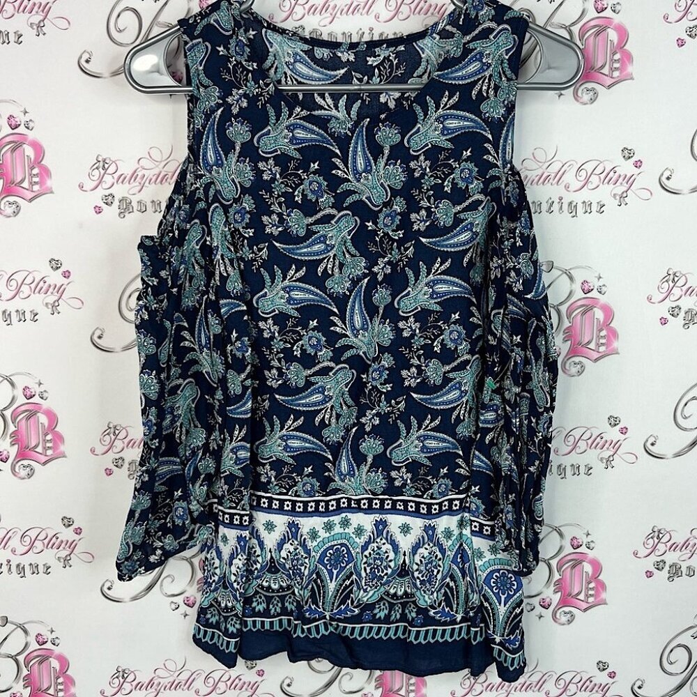 Long sleeve paisley cold shoulder open sleeve Floral Navy Blue Women's Top